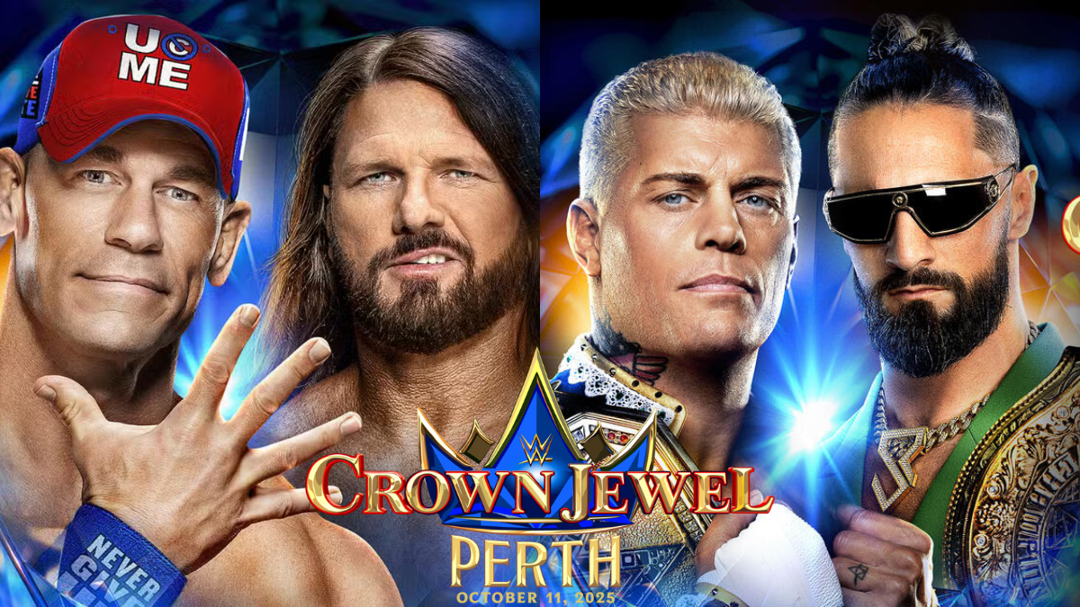WWE Crown Jewel 2025 Perth event poster featuring John Cena and Cody Rhodes.
